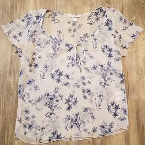 H & M White and Blue Floral Sheer Top